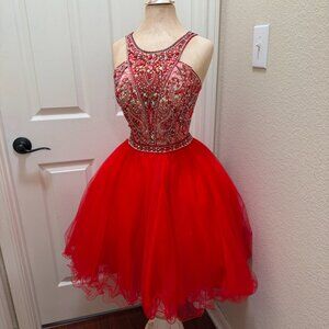 Halter Red Midi Prom Homecoming Dress Event Glam Statement Tulle Sequin Size XS